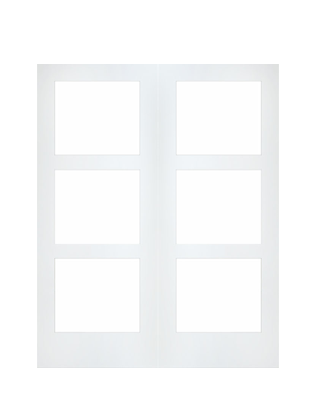 MMI TWIN/DOUBLE 3 LITE FROSTED 6'8" OR 8'0" X 1-3/8 PRIMED PINE SHAKER TEMPERED GLASS INTERIOR FRENCH PREHUNG DOOR
